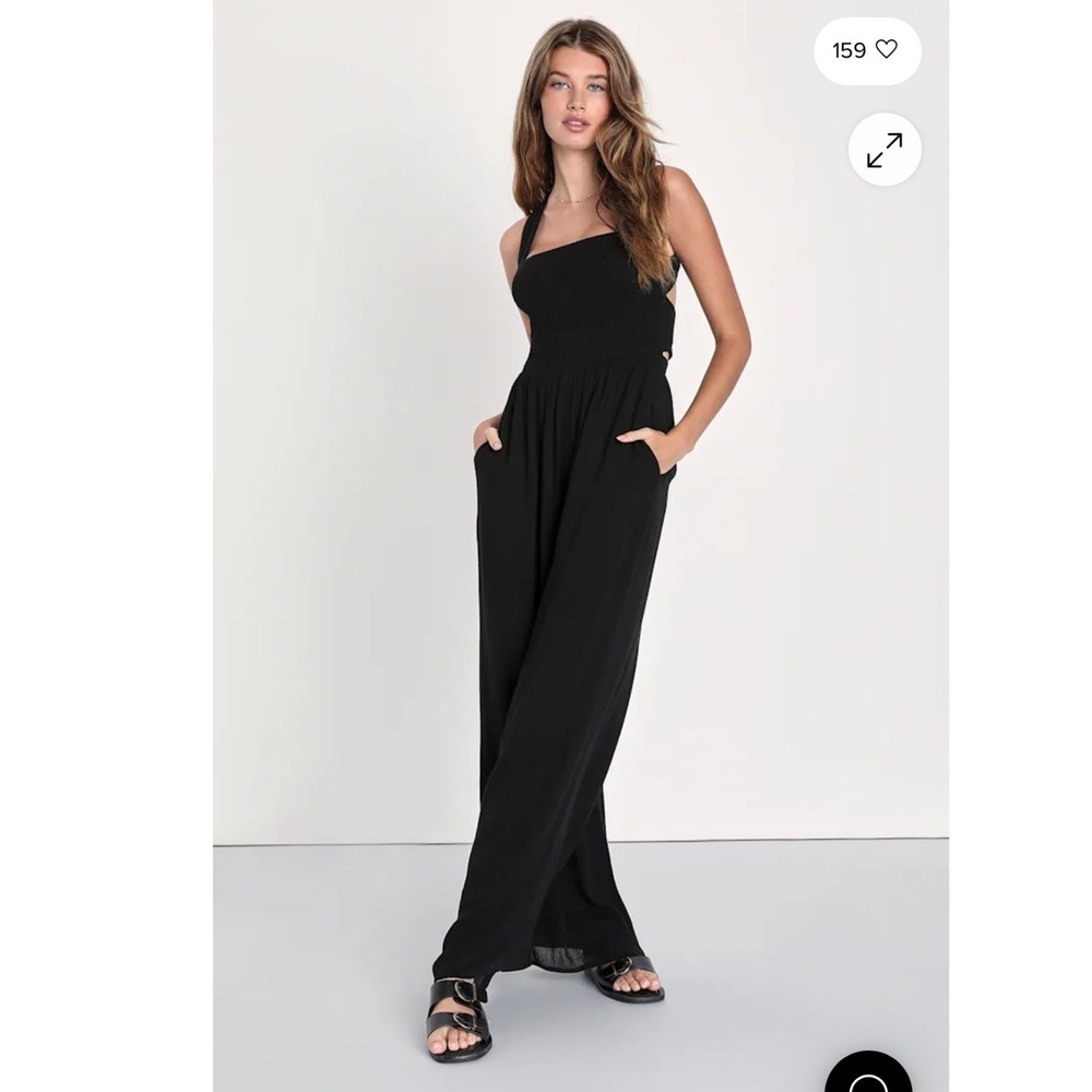 Lulus Trendy Aesthetic Black Smocked Tie Back Wide Leg Jumpsuit